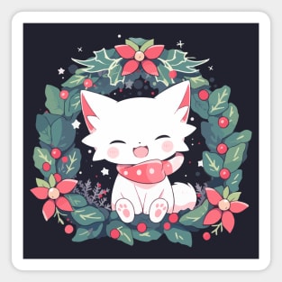 White cat in a Christmas wreath Magnet
